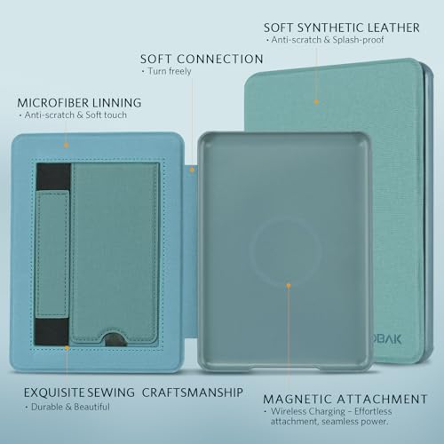 Image of CoBak Lightweight Stand Case for 7 inch 12th Gen 2024 and Colorsoft with Right Hand Strap - Compatible with iPhone MagSafe, for Samsung /Belkin /Anker Wireless Charging Pads,Misty Blue