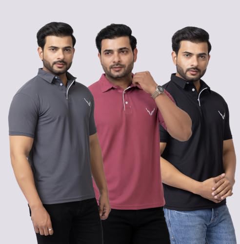 Image of HANABY Men's Summer Polo Solid Half Sleeves Polycotton T-Shirt | Collar Breathable and Comfortable T-Shirt (Pack of 3)
