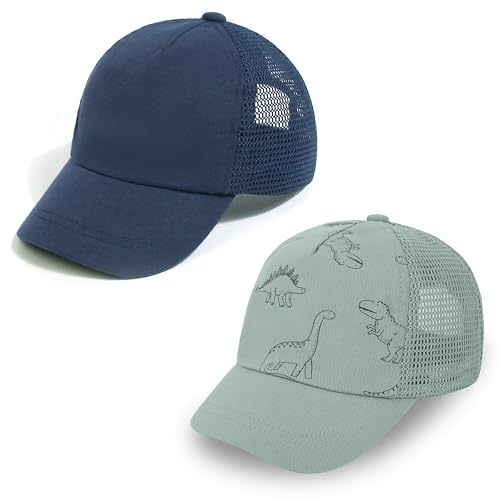 La Mejor Lista de Ropa de Béisbol para Niño favoritos de las personas. 42 Gorras de béisbol para niños pequeños y niñas, gorras de sol para niños pequeños, gorras ajustables para verano 0-5 T, Azul marino+dinosaurio verde salvia, 1-3 Años