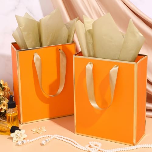 Image of Yeaqee 24 Pack Metallic Paper Gift Bag with Tissue, Orange, Gold | with Satin Ribbon Handle and Tissue, 9x7x3.1 Inch, Suit Business, Birthday, Christmas, Thank You Return Gifts Bags