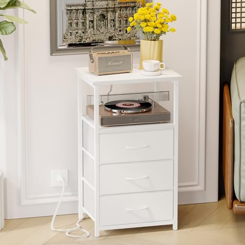 White Nightstand with Charging Station and Fabric Drawers for Bedroom