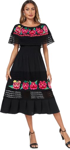 Image of YZXDORWJ Women Embroidered Mexican Peasant Casual Sexy Lace Off-Shoulder Long Dress