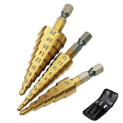 Whimsigulp Titanium Coated Step Drill Bits Set, 3pc Professional Step Drill Bit for Metal, Wood and Stainless Steel, Cone Cutters 4-12/20/32mm with Storage Pouch, Perfect for DIY and Trade Use