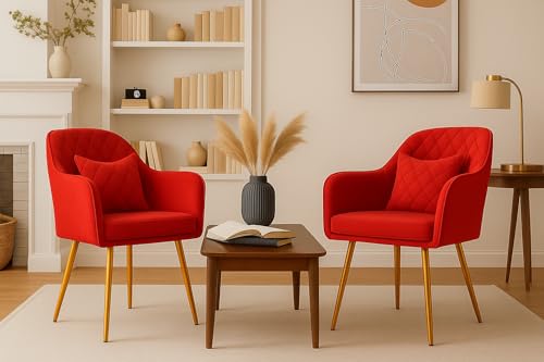 Image of Velvet Chair with Floral Pillow for Home | Modern Accent Armchair in Soft Velvet Fabric with Golden Legs | Set of 2 Premium Accent Chair for Living Room Bedroom (Barfi Red)