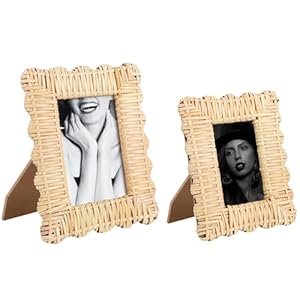 2 Pack Woven Rattan Picture Frame Set,4×6 & 5×7 Scalloped Picture Frame with Stand,Exquisite Handmade Wicker Picture Frame for Many Home Decor Style