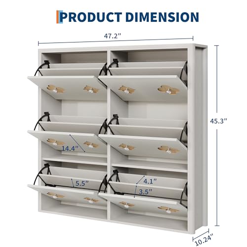 Image of GarveeHome Shoe Storage Cabinet with 6 Flip Drawers, Narrow Wood Shoe Organizer Cabinet with Floral Pattern, Freestanding Slim Shoe Rack Cabinet with Adjustable Shelves, for Entryway, Hallway, White