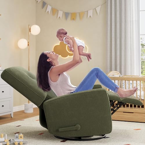 Garvee Nursery Recliner Chair, 360° Swivel Rocking Glider Chair for Adults with Adjustable Backrest & Footrest, Cozy Corduroy Upholstered Armchair for Living Rooms, Bedrooms, Apartments, Green - Image 4