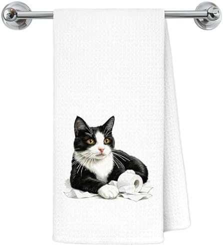 Funny Tuxedo Cat Bathroom Hand Towels, Tuxedo Cat Gifts, Black and White Kitten Kitty Toilet Humor Decorative Hand Towels for Bathroom Restroom Washroom Spa Vanity Decor, 16×24 Inch