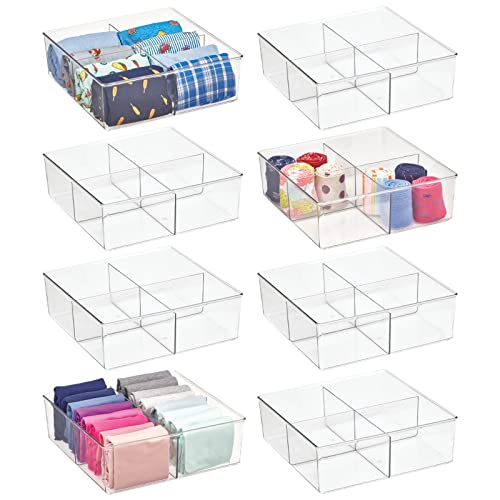Image of mDesign Plastic 4 Compartment Divided Drawer and Closet Storage Bin - Organizer for Scarves, Socks, Ties Bras, and Underwear - Dress Drawer Organizer, Shelf Organization - 8 Pack - Clear