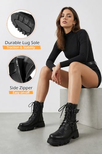 Image of Women Harness Motorcycle Biker Boots Steampunk Combat Boots Chunky Mid Calf Goth Boots Lug Sole Lace up Side Zipper