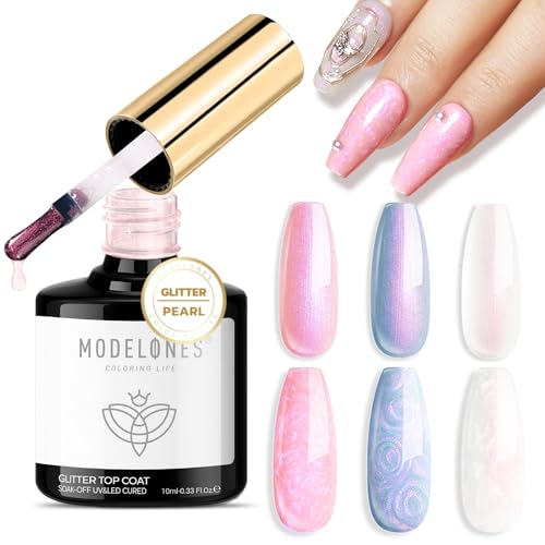 Image of modelones Pearl Gel Nail Polish Top Coat, 2-in-one Clear Pearlescent Glitter Glossy Sparkle Finish Long Lasting Soak Off Mermaid Shimmer Manicure Nail Art Home Salon DIY