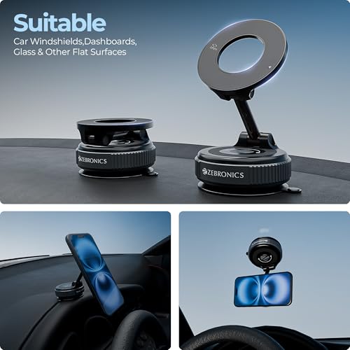 Image of Zebronics Magnetic Mobile Holder, Foldable Design, 360 Rotation, Strong Suction Mount, MagSafe Compatible, Multi-Angle Adjustment, Twist to Lock /Unlock, Compact Design (MS300)