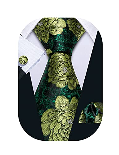 Barry.Wang Flower Ties for Men Handkerchief Cufflinks Set Wedding Necktie Set Party