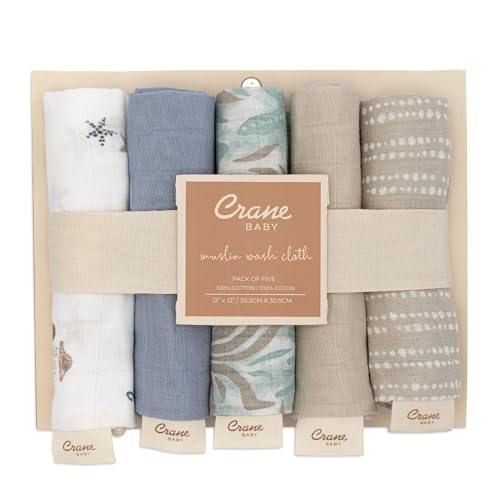 Image of Crane Baby Wash Cloth Set, 100% Cotton, Set of 5 Baby Washcloths, Sea Life Starfish Theme, Newborn Muslin Baby Washcloths, Baby Registry Gift