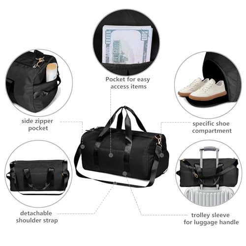 Image of Duffle Bag For Women, Sports Duffel Bag for Gym with Wet Pocket & Shoe Compartment, Overnight Weekender Travel Bag, black, medium, Causal
