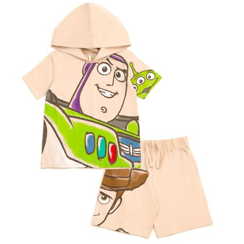 Disney Toy Story Toddler Boys Hooded T-Shirt and French Terry Shorts Outfit Set Buzz Lightyear/Woody Beige 3T
