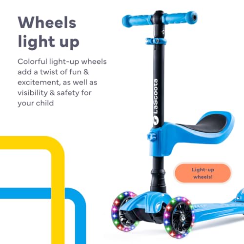 Image of LaScoota 2-in-1 Kids Kick Scooter, Adjustable Height Handlebars and Removable Seat, 3 LED Lighted Wheels and Anti-Slip Deck, for Boys & Girls Aged 3-12 and up to 100 Lbs.