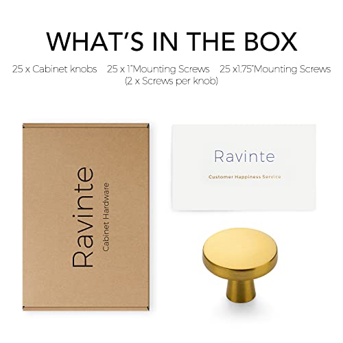 Image of Ravinte 25 Pack Drawer Pulls 1-1 /4 Inch Kitchen Cabinet Knobs Solid Brushed Brass Round Dresser Drawer Knobs Gold Dresser Knobs Drawer Knobs Simple Cabinet Hardware for Cupboard Drawer Pulls
