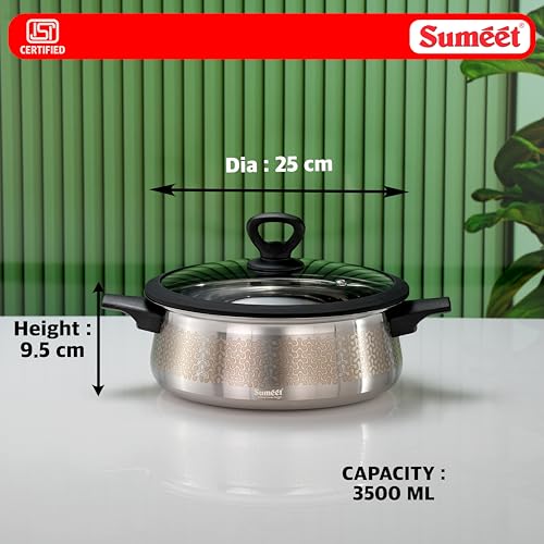 Image of Sumeet ISI Certified Stainless Steel Cook & Serve Designer Shallow Biryani Pot /Casserole with Glass Lid |Induction and Gas Compatible | Capacity - 3500ml -Dia - 25cm, Silver