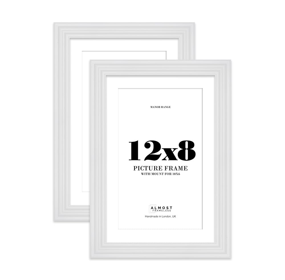 12x8" White Picture Frame - 12x8" Frame with 10x6" Mount for 12x8"/10x6" Pictures Vintage Style Ideal for Home Gallery Display, 2 Pack