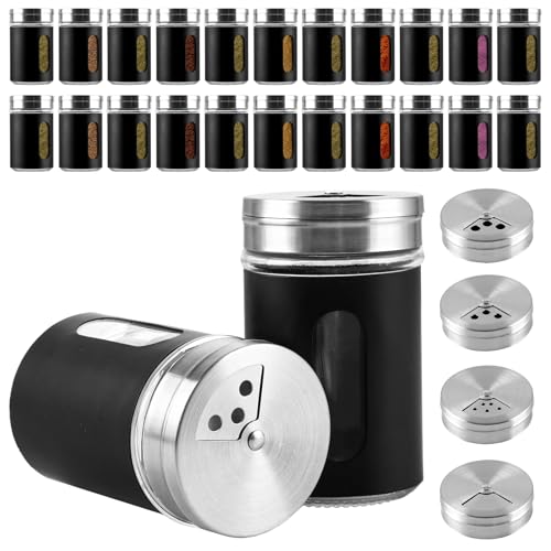 WOPPLXY 24 Stück Gewürzgläser, 100ml Gewürzdosen mit Streueinsatz, Sichtfenster und 3 Verschiedenen Lochgrößen, Gewürzstreuer aus Edelstahl und Glas für Gewürze