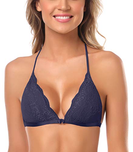 Image of SHEKINI Women's Embroidered Triangle Bra Front Closure Plunge Wireless Lightly Lined Lace Bralette Top