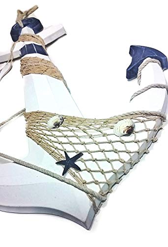 Bellaa 25167 Wood Anchor Nautical Wall Art Crossbar Fish Net Rope Ocean Designs Captain Sailors Fisherman Hanging Beach Home Decor 23 Inch