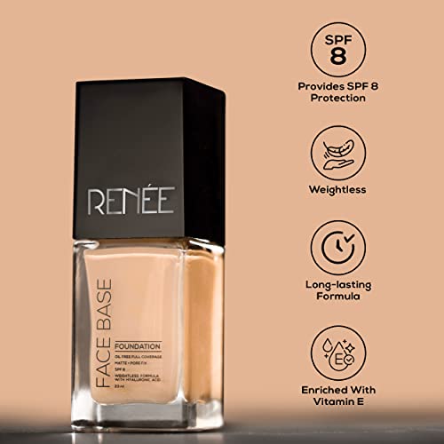 Image of RENEE Face Base Liquid Foundation - Mocha, 23ml | Enriched with Hyaluronic Acid & Vitamin E, Provides SPF 8 Protection, Weightless, Long-lasting Matte Finish