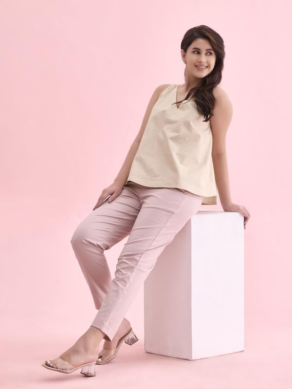 Image of GO COLORS Solid Tapered Fit Chino Pants for Women |Mid Rise, Side Pocket