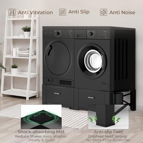 Image of SKM Washer and Dryer Pedestal with Drawer, Laundry Pedestal for Washer and Dryer Stand, Heavy Duty Steel Washing Machine Stand Height Raiser (2, black, 28 inch W x 29 inch D x 14 inch H)