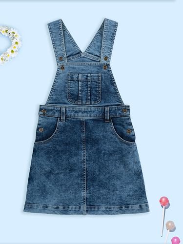 Image of KiddoPanti Girls Solid A-Line Fit Pinafore 5 Pocket Denim Dungaree Skirt
