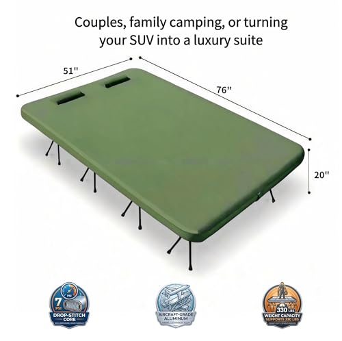 Image of Freein Double Camping Cot, Queen Size, 7 PSI Inflatable Mattress | 2-in-1 Sleep System, Dual-Height Adjustable, 16-Point Stable Frame Supports 820lbs, Portable SUV & Tent Bed