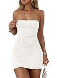 Mirteron Womens Winter Fashion Ribbed Knit Bandeau Crop Tops Pencil Bodycon Mini Skirts Two Pieces Sweater Outfits Sets White S