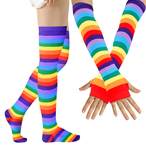 Image of Over Knee Rainbow Thigh High Socks Cosplay Accessories for Women Fashion Wild Long Striped Leg warmers