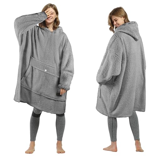 Tirrinia Oversized Wearable Blanket Hoodie – Sherpa Fleece, Gray