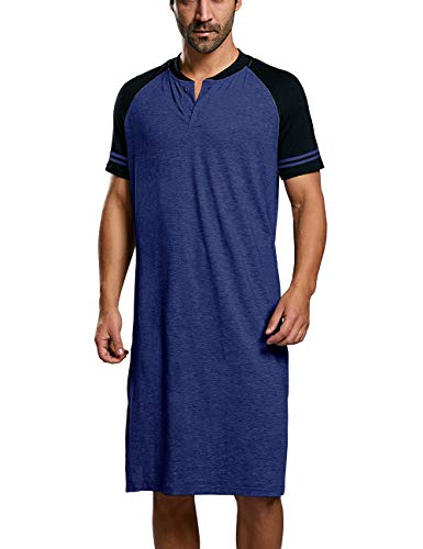Pretifeel Mens Nightshirts Short Sleeve Casual Cotton Sleepshirt V Neck Raglan Nightgrown Pajama Long Lightweight Sleepwear
