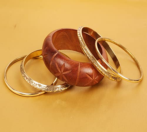 Image of Touchstone wood bracelets for women bangle wooden jewelry handmade artisan bangles natural handcrafted brown olive stylish chunky boho bohemian bracelet brass metal inlaid woods stackable
