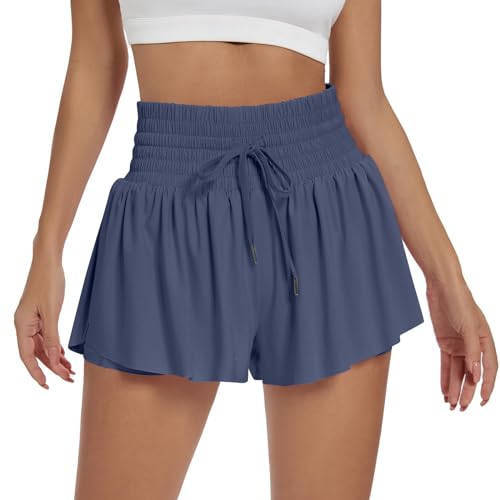 Flowy Athletic Shorts for Women 2 in 1 Running Shorts with Pockets High Waisted Butterfly Short Plus Size Gym Workout Tennis Skirt Skort Quick Dry Spandex Cheer Dolphin Short B-Navy