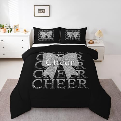 Image of Feelyou Cheer Bow Comforter Set Queen Size Cheerleading Bedding Set for Kids Boys Girls Funny Sport Duvet Quilt Silver Bedroom Decor Microfiber 3 Pcs with 2 Pillow Cases