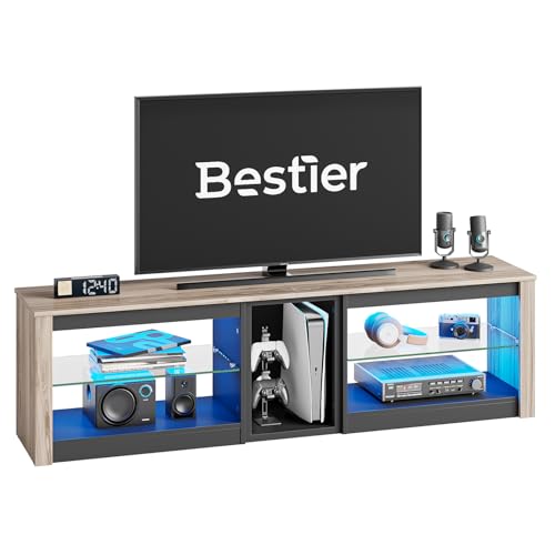 Bestier TV Stand for 70 inch TV, Gaming Entertainment Center for PS5, LED TV Cabinet with Glass Shelves for Living Room, 63'' Inch, Marble Black 63''(for PS5) Black Marble-no Outlet