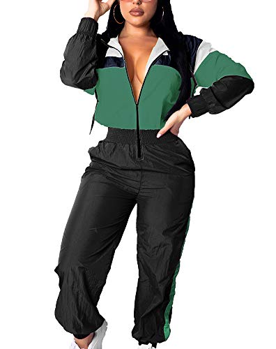 Women Colorblock One Piece Outfits Set High Waist Pants Long Sleeve Zipper Front Windbreaker Jumpsuit Green XL