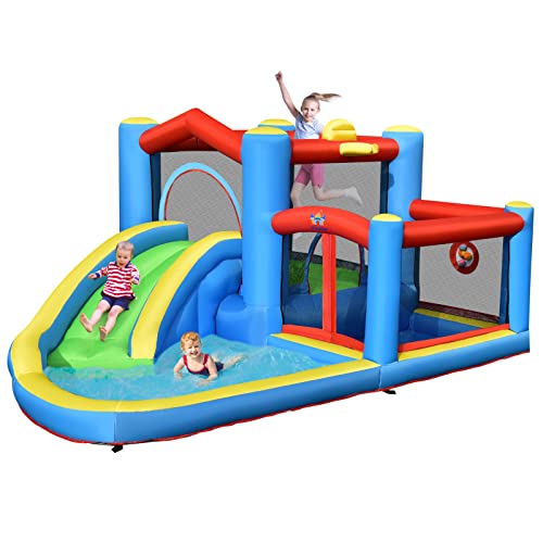 COSTWAY Tobogán Acuático Inflable, Castillo Inflable con Tobogán Mojado Seco para Interior y Exterior, Parque Acuático Portátil para Patio con Pelotas, Pelota de Baloncesto Inflable sin Compresor