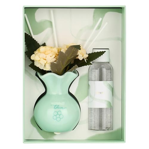 THUN Confezione regalo mini diffusore con fiori, blu, stoneware, Collezione Bomboniera, 100 ml, 5,9 x 5,9 x 10,9 cm