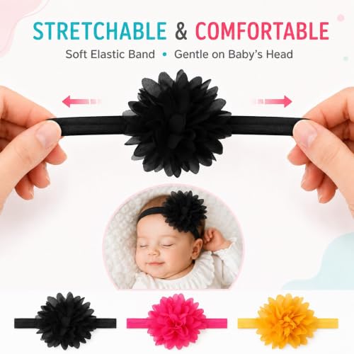 Image of Babymoon Set of 3 | Plain Flowers Soft Synthetic Hairbands for Baby Girls, Infants and Toddlers Headbands | Black-Yellow-Darkpink