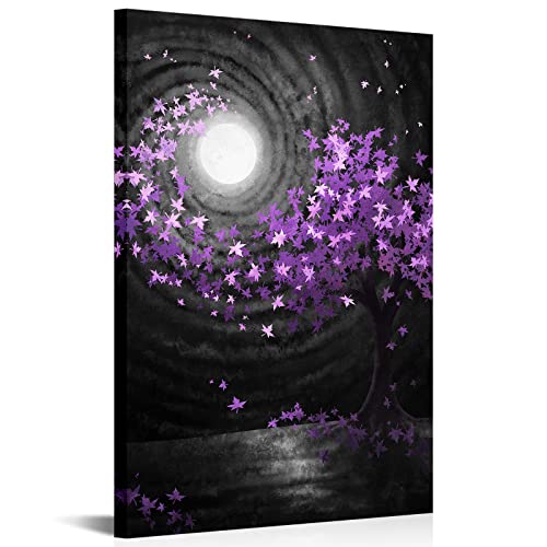 Skenoart Full Moon Canvas Wall Art Black White Moon Purple Blossom Tree Landscape Picture Painting Print Dreamlike Artwork Home Living Room Bedroom Bathroom Decor Stretched Ready To Hang #TOP21