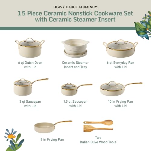 Bloomhouse 15-Piece Ceramic Nonstick Cookware Set, Two Time Oprah's Favorite Things, Heavy-Gauge Aluminum Pots and Pans Set, PFAS & PFOA & PTFE Free Ceramic Cookware, Oven Safe to 500°F, Almond Cream - Image 3