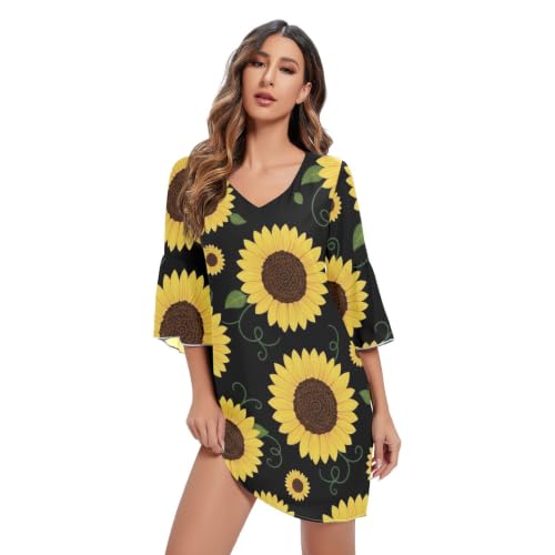 Robe Swing Col V Tournesols aux Finitions Soignées