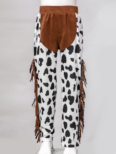 Kids Boys Halloween Cowboy Cosplay Cow Print Patchwork Tassel Pants Western Chaps Dress Up Party Trousers3