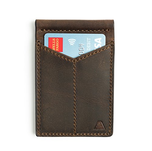 Andar Mens Leather Money Clip, Front Pocket Minimalist Card Holder RFID Blocking Wallet Made from Full Grain Leather, with Back Saving Bi-Fold Cash Clip (Dark Brown)