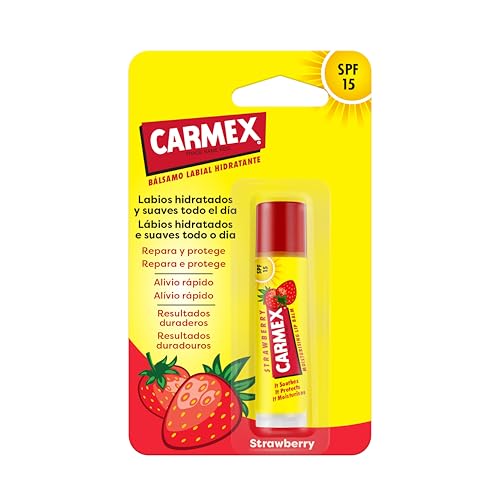 Carmex Bálsamo Labial SPF15, Click Stick Fresa, 4,25g. Hidrata, protege, repara, calma y suaviza los labios.